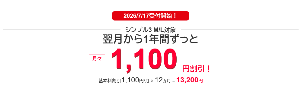 【公式】超！おトク割｜シンプル3-M-Lが1年間毎月1-100円割引！｜Y-mobile-格安SIM・スマホはワイモバイルで